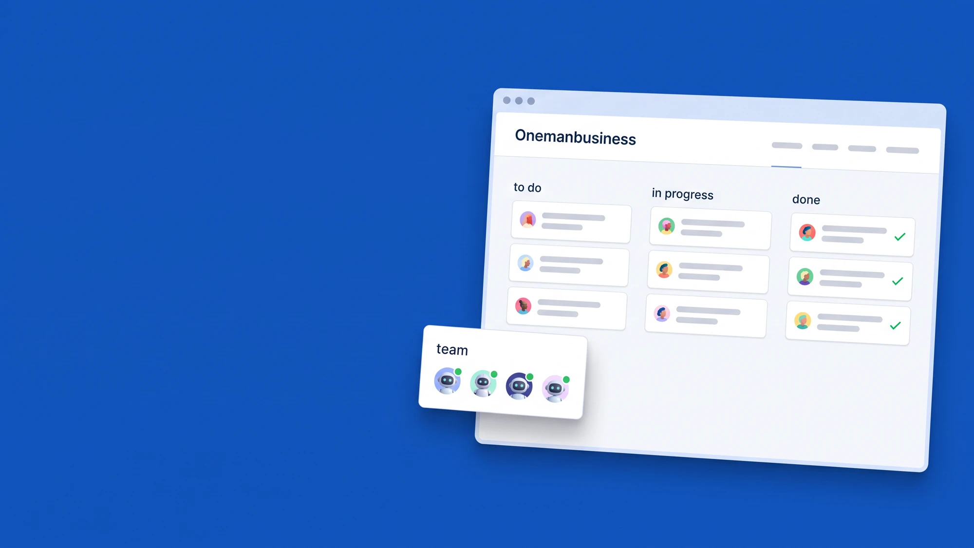 The Onemanbusiness board: tasks moving from to do to done, run by an AI team